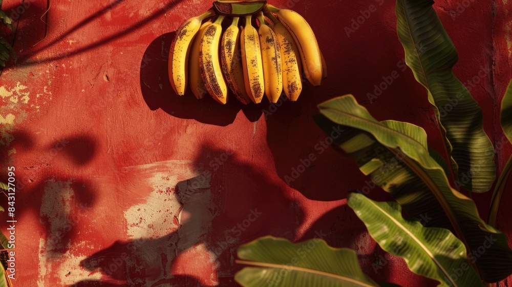 Poster A bunch of bananas hanging on a red wall, perfect for adding a pop of color to your design or photo project