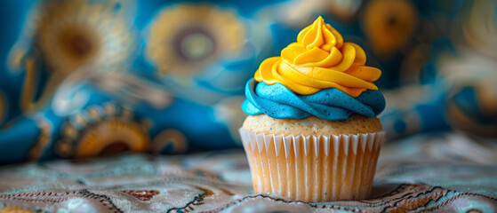 Cupcake with a swirl of yellow and blue frosting on a decorative blue floral background