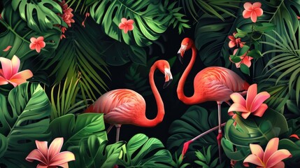 Group of flamingos standing in unison, a social gathering of these pink birds