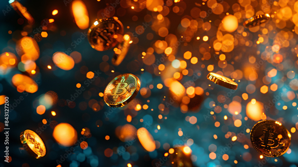 Poster bitcoin falling against a festive bokeh background in a cryptocurrency concept showcase