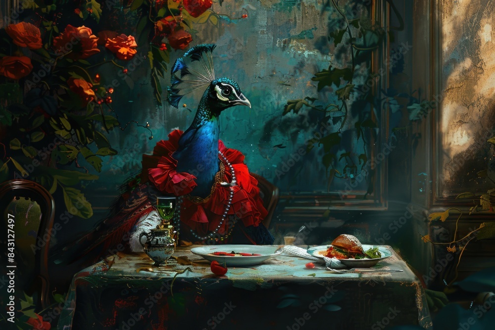 Poster a colorful peacock perched on a table, its feathers spread out in all directions