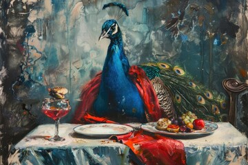 A colorful peacock perched on a table, its feathers spread out in a vibrant display