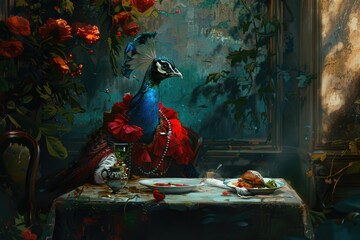 A colorful peacock perched on a table, its feathers spread out in all directions