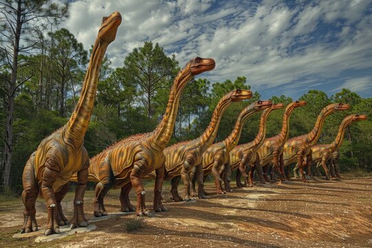A group of dinosaurs standing in a line, great for prehistoric scenes or dinosaur-themed illustrations