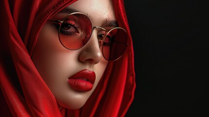 A woman wearing a red scarf and glasses, possibly reading or thinking