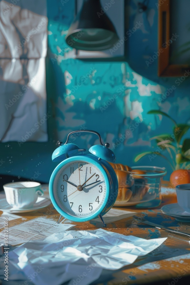 Poster a close-up shot of a blue alarm clock sitting on top of a wooden table, with a simple and clean desi