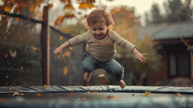 A young child jumping and having fun on a trampoline, suitable for use in children's products or family-related themes