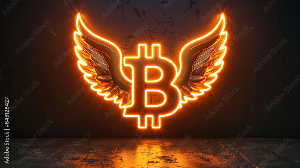 Aufkleber digital art of a glowing bitcoin symbol with fiery wings against a moody backdrop