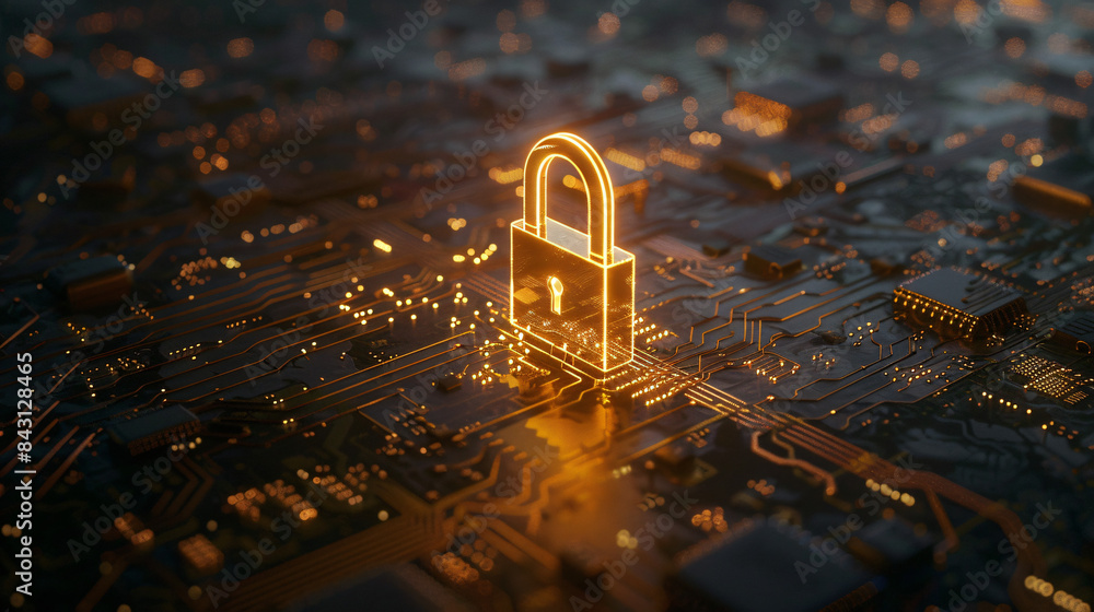 Aufkleber Digital security: glowing padlock symbol embedded in a complex electronic circuit board