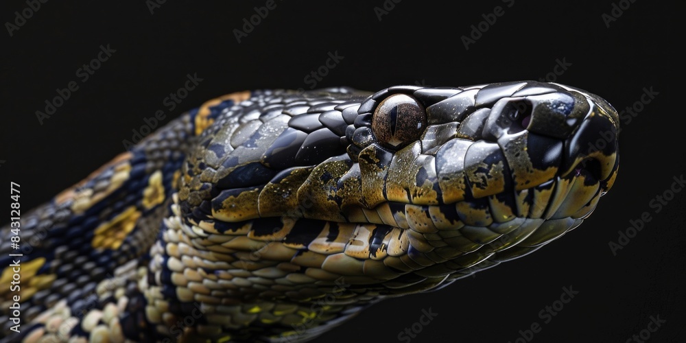 Poster a close-up view of a snake's head on a black background