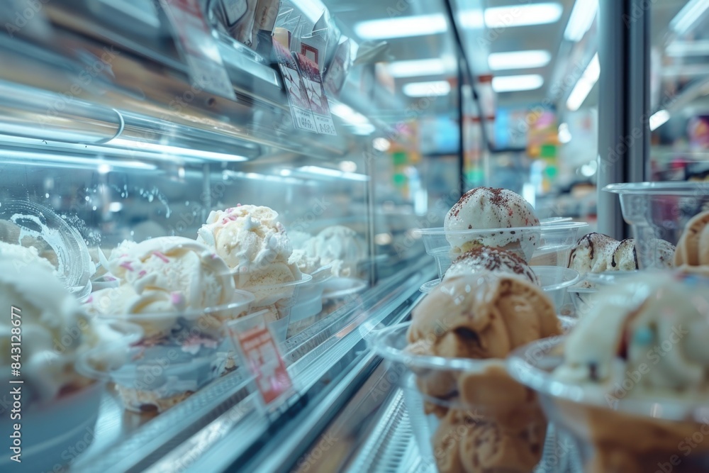 Poster A colorful display case filled with various ice cream flavors and toppings
