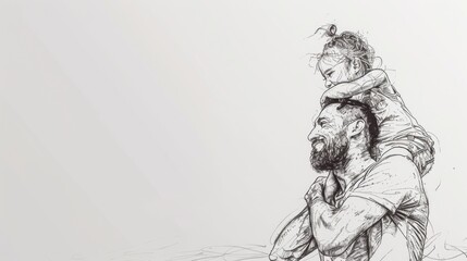 A father or guardian carrying a young child on their shoulders, possibly walking or hiking together