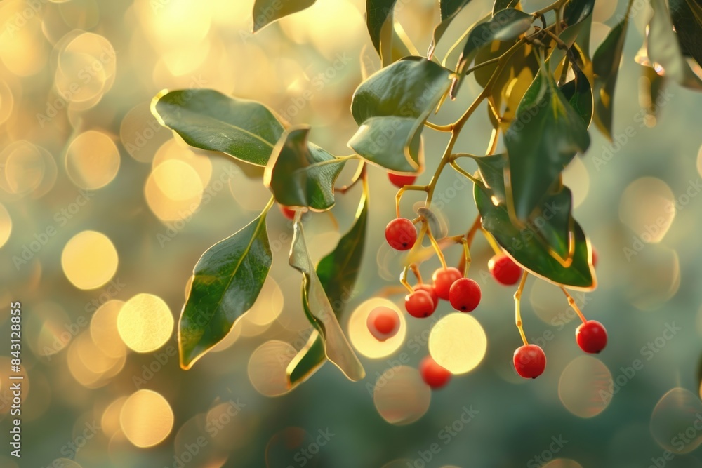 Poster A cluster of red berries hangs from a tree branch