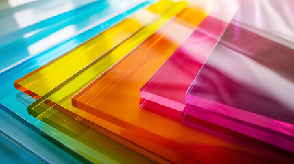 Thick sheets of transparent plexiglass in bright colors lying on top of each other