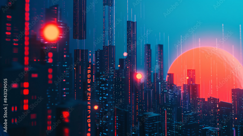 Poster digital artwork blending a modern city skyline with virtual data streams at dusk