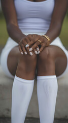 A stylish black woman wearing trendy clothing and a fashionable accessory sits on the ground with her hands resting on her knees in an outdoor setting
