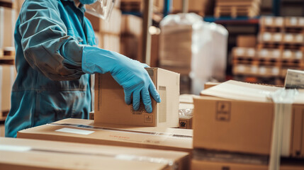 A man in a protective suit and rubber gloves packs cardboard boxes with chemical products in a warehouse.