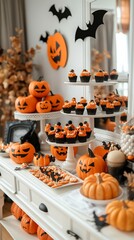 Bright and festive Halloween setup, showcasing a table with Halloween-themed treats, isolated on a white background. 