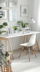 Minimalistic and bright home office organization, showcasing a desk with neatly arranged stationery, isolated on a white background. 