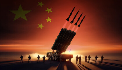 A powerful rocket launcher fires multiple missiles at sunset, with soldiers standing guard and China flag in the background