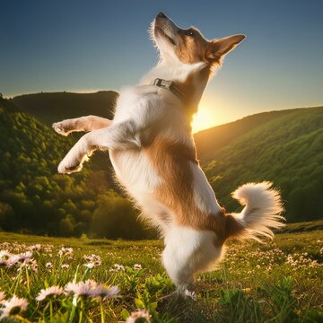 Happy small dog with big ears doing tricks standing on back legs