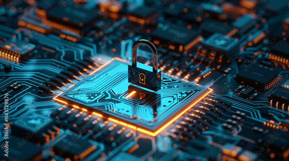 Aufkleber 3d rendering of a metallic padlock on a blue circuit motherboard, representing data protection