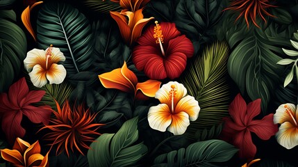 Seamless repeating pattern of tropical leaves and flowers with a dark background, creating a striking contrast