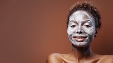 Beautiful elderly gray-haired African black woman with facial mask on her face on a background with Copy Space. Senior African American Woman with clay mask on her face. Old African female Facial Mask