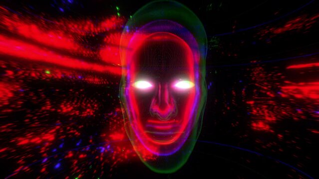 A digital glitch style background with spinning robotic head.
