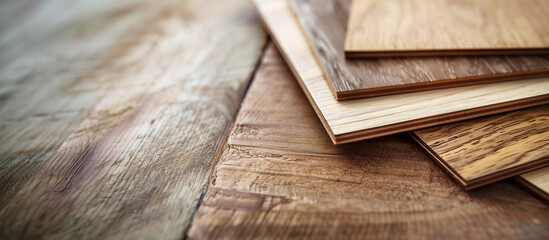Fototapeta premium Several laminated panels with imitation wood, lying on an old wooden floor made of planks. Removing the old floor in the apartment. Copy space.