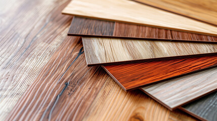 Samples of laminated panels fanned out on a wooden surface. The panels have different textures and colors that imitate wood.