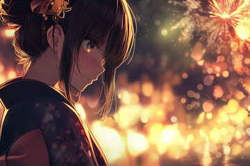 Fototapeta premium Anime Girl In Kimono Watching Fireworks At Night