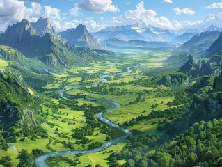Majestic aerial view of a verdant valley with a winding river and towering mountains
