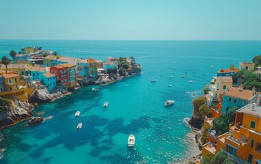 Vibrant Aerial View of Colorful Coastal City with Boats and Blue Ocean