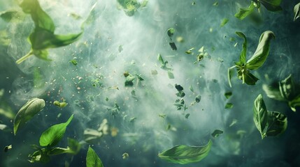 Fresh basil leaves with vibrant green hues, suspended in mid-air with dynamic water droplets.