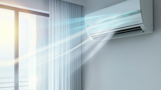 Air Conditioner Blowing Cool Air Into a Room With White Curtains
