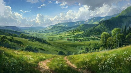 Obraz premium A Winding Path Through Lush Green Valley - A picturesque landscape with a winding path leading through a lush green valley, framed by rolling hills and a clear blue sky with fluffy clouds.