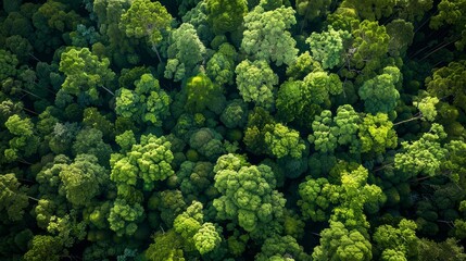 Naklejka premium Aerial View of a Lush Green Forest Canopy - A bird's-eye perspective of a dense forest, showcasing a vibrant green canopy.