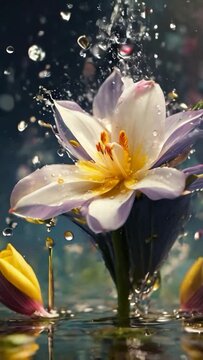 Amera is flying around the flower in right direction, hyper lapse, the drops on the flowers are slowly moving, dripping, hyper realistic, cinematic