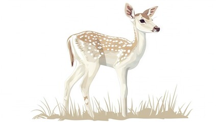 Obraz premium A small deer stands on a green grassy field, beside a tall grassy one, on a white backdrop