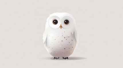  White owl perched on white floor adjacent to gray wall in background