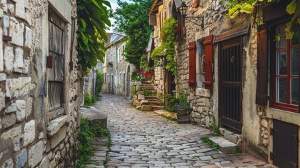 Fototapeta premium Cobblestone Alleyway in a Quaint European Village - A narrow, cobblestone alleyway winds through a charming European village, lined with stone buildings and lush greenery.