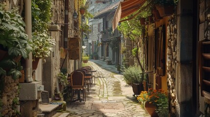 Fototapeta premium Cobblestone Alleyway with Stone Buildings and Plants - A narrow cobblestone alleyway winds through a village, lined with stone buildings and lush greenery.