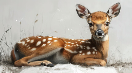   A painting of a deer lying down in the snow, with its head turned to face the camera