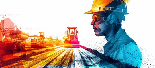 Colorful, artistic depiction of a construction worker wearing a hard hat and safety glasses, standing amidst heavy construction equipment on a work site
