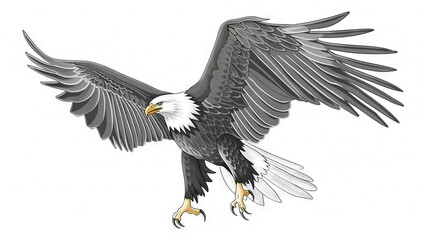 Obraz premium A bald eagle spreads its wings and talons in front of a white background