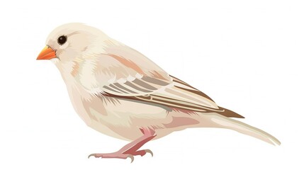   A bird perched atop a white floor alongside two other birds - one with an orange beak, the other with an orange beak