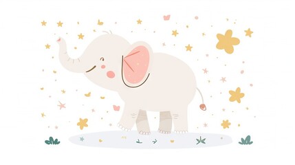 Fototapeta premium An elephant with a pink tusk stands in front of a white background adorned with stars and a pink bow