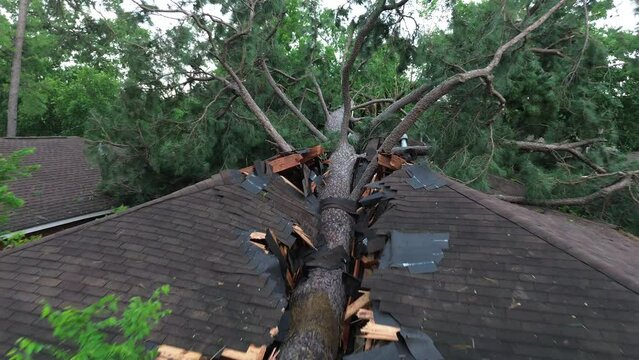 Homes with severe damage to their roofs after a tornado moved through the Houston area on May 16, 2024.