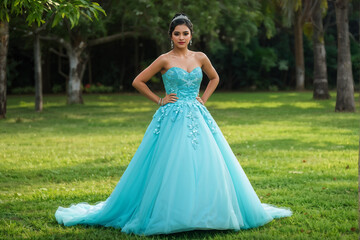 Fototapeta premium Young woman modeling her Quinceañera dress and tiara outdoors